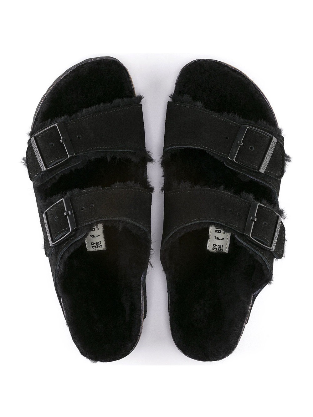 Women's Arizona Birkenstock Black Faux-Fur Double Buckle Slide Sandals
